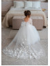 Long Sleeves Ivory 3D Lace Tulle Flower Girl Dress With Detachable Train